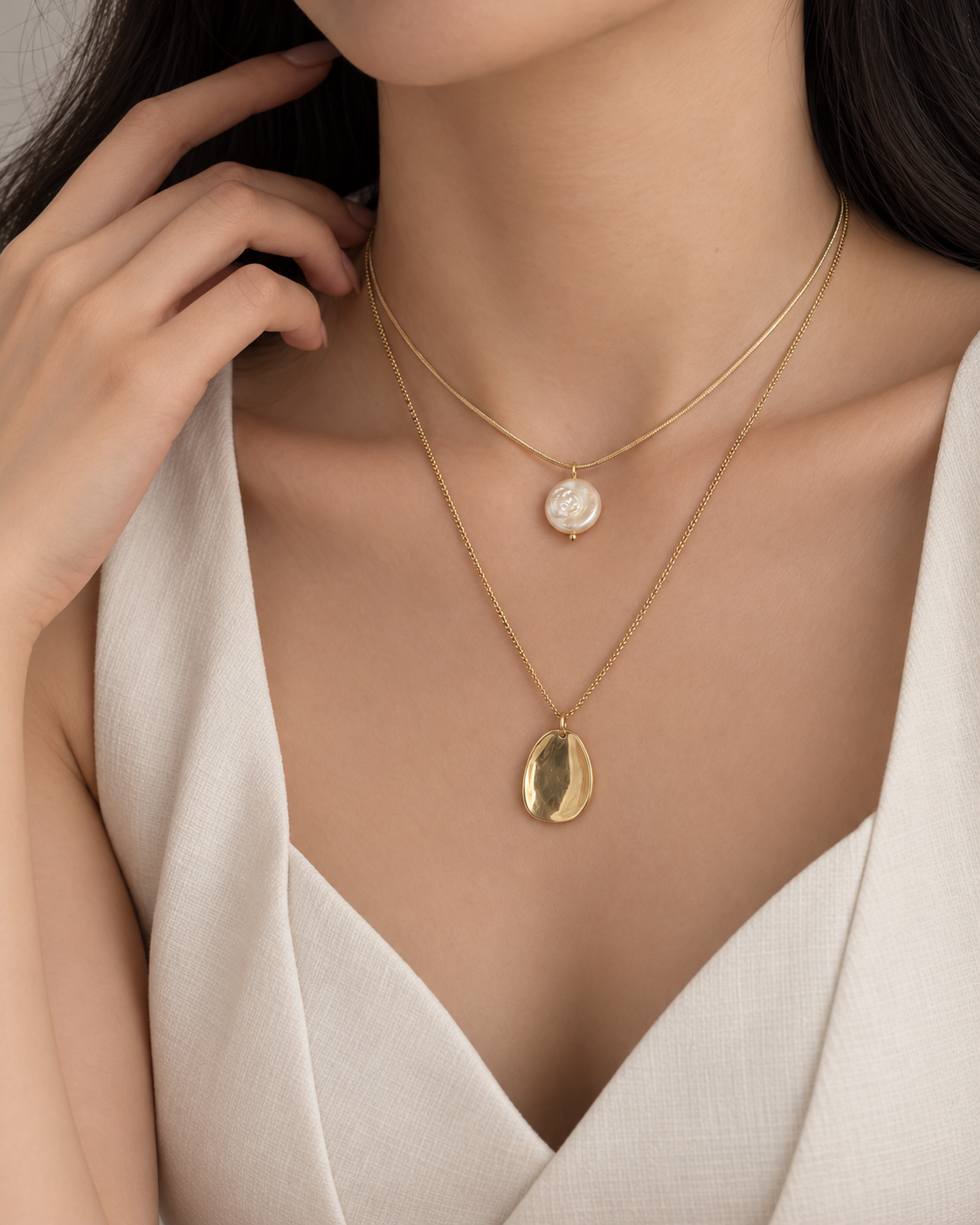 Pearl Layered Necklace gold worn