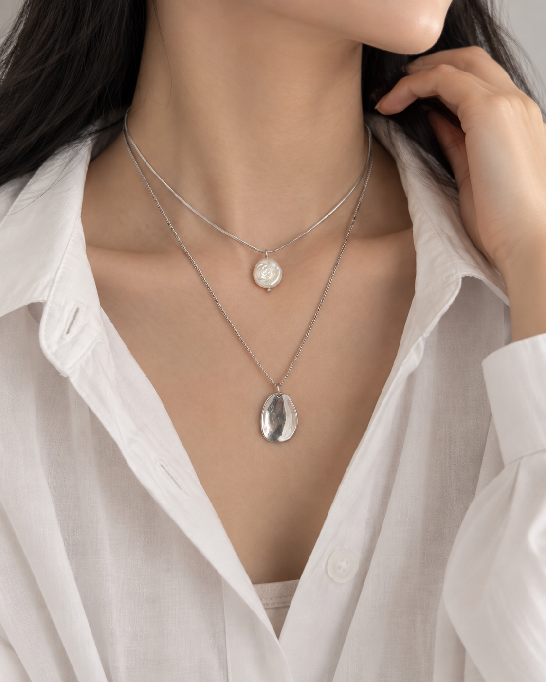 Pearl Layered Necklace silver worn